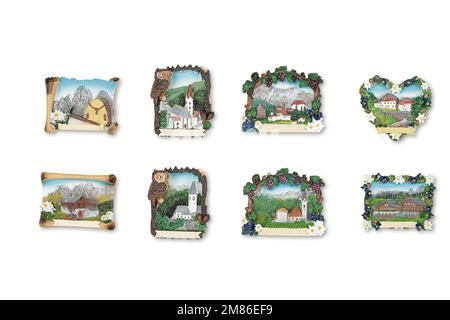 Magneti per porta frigorifero ricordo. ideale per regali. Regalo di vacanza. Estate e inverno Foto Stock