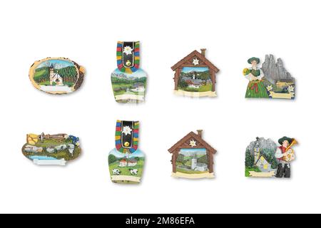 Magneti per porta frigorifero ricordo. ideale per regali. Regalo di vacanza. Estate e inverno Foto Stock