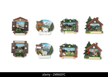 Magneti per porta frigorifero ricordo. ideale per regali. Regalo di vacanza. Estate e inverno Foto Stock