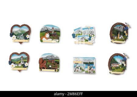 Magneti per porta frigorifero ricordo. ideale per regali. Regalo di vacanza. Estate e inverno Foto Stock