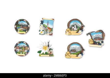 Magneti per porta frigorifero ricordo. ideale per regali. Regalo di vacanza. Estate e inverno Foto Stock