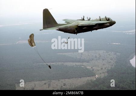Vista laterale Air to Air dei paracadutisti che saltano da un C-130 Hercules durante una missione di allenamento. Data esatta dell'acquisizione sconosciuta. Paese: Sconosciuto Foto Stock