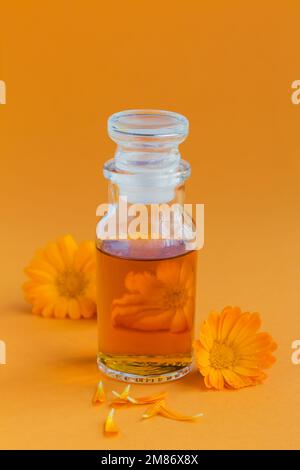 Una bottiglia di tintura di marigold della pentola o infusione con i fiori freschi di Calendula su un fondo arancione. Medicina alternativa naturale di erbe, healing e. Foto Stock