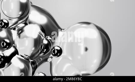 3d rendering motion design pattern metaverse monocromatico grigio bianco astratto arte oggetto metaball metasferi in vetro acqua liquido argento metallo meta palla Foto Stock