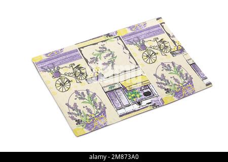 Canovaccio, tovagliolo o posate da cucina su panno isolato o con piatto, posate e bicchieri Foto Stock