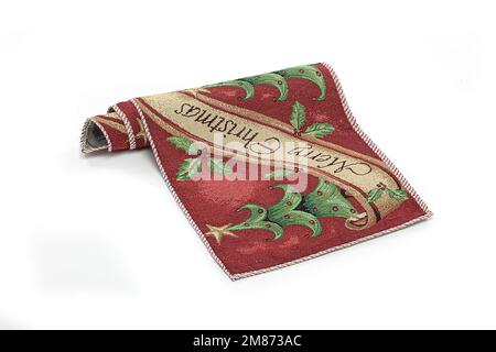 Canovaccio, tovagliolo o posate da cucina su panno isolato o con piatto, posate e bicchieri Foto Stock