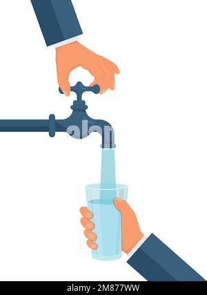 La mano apre o chiude un rubinetto dell'acqua, salva l'acqua, concetto di eco e giornata mondiale dell'acqua. eps 10 Illustrazione Vettoriale