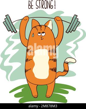 Carino cartone animato weightlifter gatto che solleva il barbell. Illustrazione vettoriale. Illustrazione Vettoriale