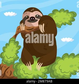 Isolato cute sloth appeso ad un albero Vector Illustrazione Vettoriale