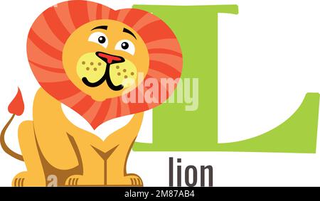 L per leone. Scheda alfabetica con animaletto Illustrazione Vettoriale