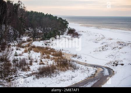 Vista sul piccolo fiume che scorre vicino al Mar Baltico in inverno a Saulkrasti in Lettonia Foto Stock