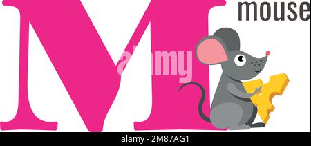 Carta lettera M. Vocabolario inglese con mouse divertente Illustrazione Vettoriale