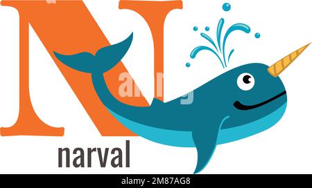 N scheda. Animale alfabeto. Parola del vocabolario inglese Illustrazione Vettoriale