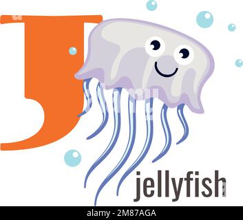 Lettera J con medusa. Scheda vocabolario inglese Illustrazione Vettoriale
