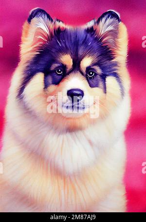 Divertente adorabile ritratto headshot di carino doggy. Cucciolo di razza cane Lapphund finlandese, in piedi di fronte. Guardando alla fotocamera. Illus imitazione acquerello Foto Stock