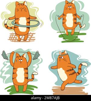 Set di carini gatti cartoni animati coinvolti nello sport: Corsa, impegnato nel sollevamento pesi, esercizio con hula hoop, salto con corda. Illustrazione vettoriale. Illustrazione Vettoriale
