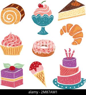 Set di dolci e dessert fatti a mano - torta, gelato, ciambella, croissant, torta, panetteria. Illustrazione vettoriale. Illustrazione Vettoriale