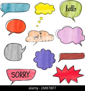 Set di bolle vocali disegnate a mano. Raccolta vettoriale di bolle di pensiero acquerello. Illustrazione Vettoriale