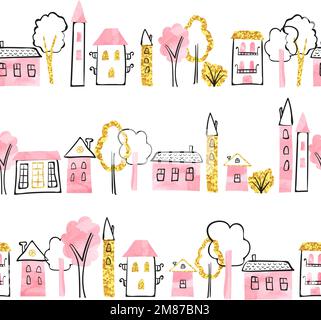 Doodle Town senza cuciture nei colori rosa e oro. Sfondo vettoriale con acquerello e case scintillanti. Illustrazione Vettoriale