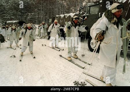 Membri del 3rd BN., 22nd INF., 25th INF. Div., e la Ground Self-Defense Force giapponese praticano tecniche sciistiche di base durante l'esercizio Northwind '87. I membri della 25th° Divisione Fanteria sono sottoposti a 23 giorni di speciale allenamento in climi freddi con i membri della Ground Self-Defense giapponese nelle aree di addestramento Kotani e Hirosaki. Subject Operation/Series: NORTHWIND '87 base: Camp Aomori Paese: Giappone (JPN) Foto Stock