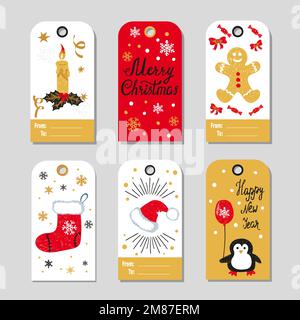 Set di etichette regalo di Natale. Collezione vettoriale di etichette natalizie in rosso, oro e nero. Illustrazione Vettoriale