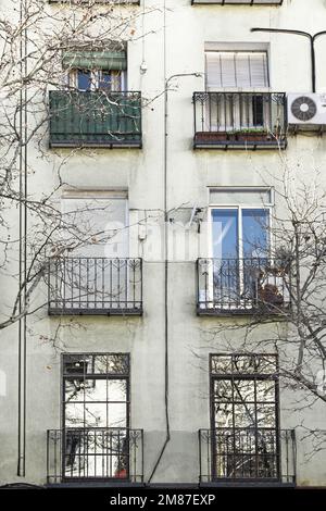 Facciata semplice di un edificio con finestre francesi nella parte inferiore e balconi con ringhiere in ferro battuto e rami decidui Foto Stock