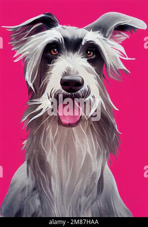 Divertente adorabile ritratto headshot di carino doggy. Cucciolo scozzese di razza Deerhound dog, in piedi di fronte. Guardando alla fotocamera. Imitazione acquerello male Foto Stock