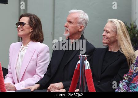 Hollywood, California. 12th Jan, 2023. Sigourney Weaver, James Cameron e Suzy Amis Cameron alla cerimonia James Cameron e Jon Landau Hand and and Footprint che celebra Avatar: The Way of Water al TCL Chinese Theater di Hollywood, California, il 12 gennaio 2023. Credit: Faye Sadou/Media Punch/Alamy Live News Foto Stock