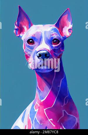 Divertente adorabile ritratto headshot di carino doggy. Cucciolo di razza cane americano senza capelli Terrier, in piedi di fronte. Guardando alla fotocamera. Imitat acquerello Foto Stock