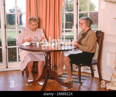 I residenti di Elderley cenano in una sala per infermieri, Surrey, Inghilterra, Regno Unito Foto Stock