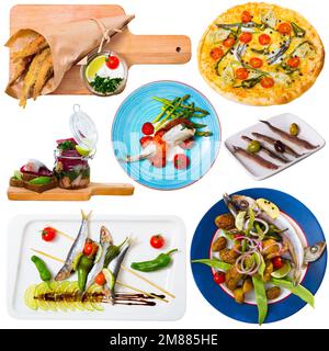 Collage di piatti con diversi frutti di mare - spratto, hamsa, acciuga Foto Stock