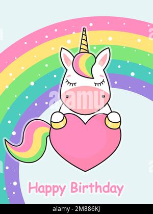 Simpatico unicorno e arcobaleno. Carta di compleanno. Illustrazione vettoriale. Illustrazione Vettoriale