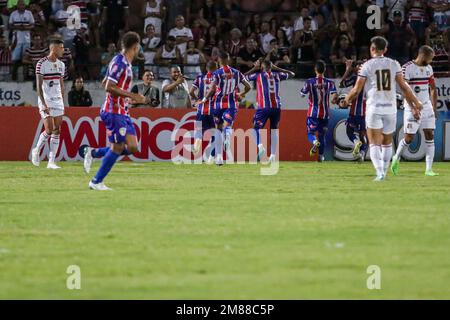 Recife, Brasile. 12th Jan, 2023. PE - Recife - 01/12/2023 - PERNAMBUCANCO 2023, SANTA CRUZ X AFOGADOS - il giocatore Afogados Venicius celebra il suo gol durante una partita contro Santa Cruz allo stadio Arruda per il campionato Pernambucano 2023. Foto: Rafael Vieira/AGIF/Sipa USA Credit: Sipa USA/Alamy Live News Foto Stock