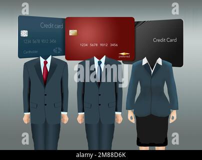 Tre persone d'affari con carte di credito per le teste sono in piedi fianco a fianco con una carta preferita come il centro di un'immagine sul business. Foto Stock