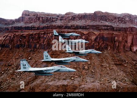 Air to Air Vista laterale destra di una formazione di cinque F-15 Eagle Fighters assegnati a e guidato dalla nave bandiera del 405th Tactical Training Wing (TTW) volare vicino a Monument Valley, Arizona. Davanti a dietro l'aeromobile sono assegnati 555th 550th TFTS (Tactical Fighter Training Squadron), 405th TTW, 426th e 461st TFTS, Luke AFB, Arizona. Data esatta dell'acquisizione sconosciuta. Paese: Sconosciuto Foto Stock