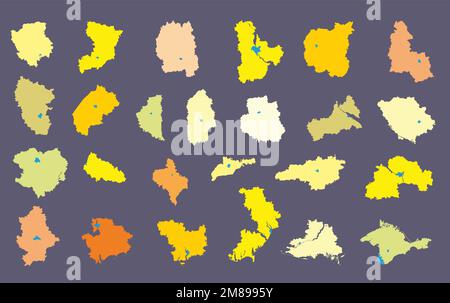 Divisioni amministrative dell'Ucraina - mappe delle regioni dell'Ucraina - oblasti con i loro centri amministrativi, repubblica autonoma e città con spec Illustrazione Vettoriale