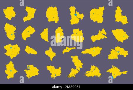 Divisioni amministrative dell'Ucraina - mappe delle regioni dell'Ucraina - oblasti con i loro centri amministrativi, repubblica autonoma e città con spec Illustrazione Vettoriale