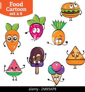 Set di carino cibo e fast food cartoon personaggi Vector Illustrazione Vettoriale