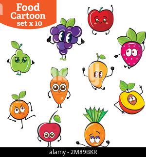 Set di simpatici personaggi cartoni animati di frutta Vector Illustrazione Vettoriale
