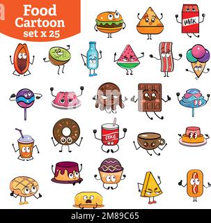 Set di carino cibo e fast food cartoon personaggi Vector Illustrazione Vettoriale