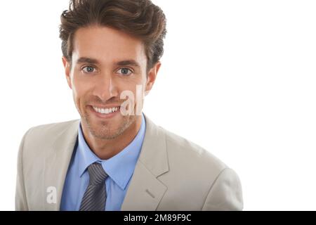 HES un talentuoso professionista aziendale. Studio ritratto di un bel giovane uomo d'affari isolato su bianco. Foto Stock