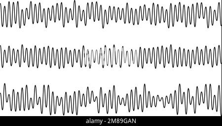 Impostazione dei segnali delle onde sonore. Raccolta diagramma tracce audio nere beats. Concetto di esempio di voce o musica. Linee di impulsi. Grafica radio elettronica con Illustrazione Vettoriale