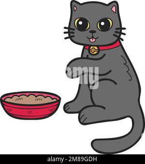 Disegno a mano gatto mangiare cibo illustrazione in stile doodle isolato sullo sfondo Illustrazione Vettoriale