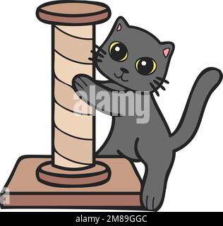 Gatto disegnato a mano con gatto arrampicata pole illustrazione in stile doodle isolato su sfondo Illustrazione Vettoriale