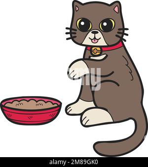 Disegno a mano gatto mangiare cibo illustrazione in stile doodle isolato sullo sfondo Illustrazione Vettoriale