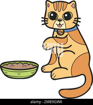 Disegno a mano a strisce gatto mangiare cibo illustrazione in stile doodle isolato sullo sfondo Illustrazione Vettoriale