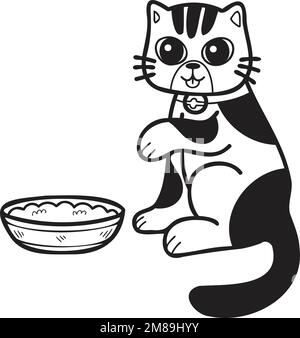 Disegno a mano a strisce gatto mangiare cibo illustrazione in stile doodle isolato sullo sfondo Illustrazione Vettoriale