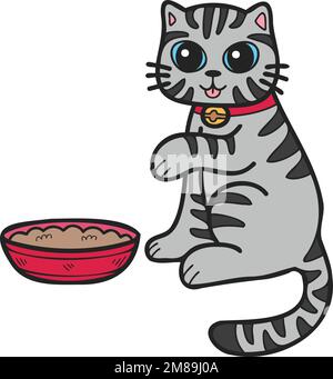 Disegno a mano a strisce gatto mangiare cibo illustrazione in stile doodle isolato sullo sfondo Illustrazione Vettoriale