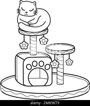 Gatto disegnato a mano con gatto arrampicata pole illustrazione in stile doodle isolato su sfondo Illustrazione Vettoriale