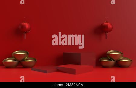 Rosso rosa arancione colore podio quadrato lanterna moneta giallo dorato simbolo decorazione ornamento felice cinese nuovo anno 2023 coniglio zodiaco cultura luna asiatica Foto Stock